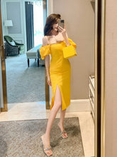 Spaghetti Strap Puff Sleeve High Slit Midi Dress